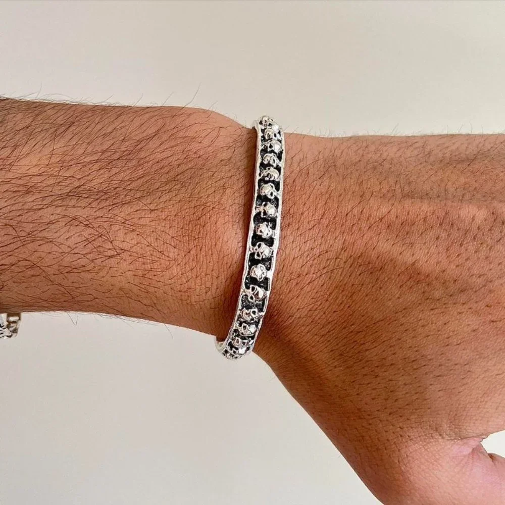 Skull stacked grunge silver and black bracelet
